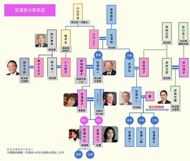 宮澤エマ家系図（宮澤家・岸田家）
宮澤喜一・宮澤エマ・宮澤洋一・岸田文男・麻生太郎